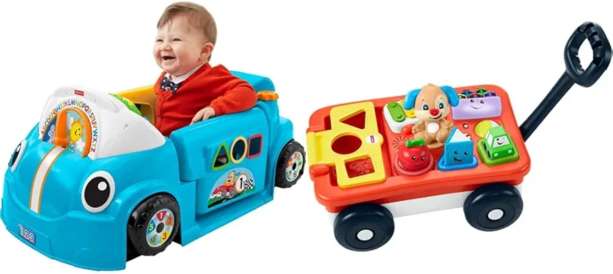 Fisher-Price Laugh & Learn Baby Activity Center, Crawl Around Car,Blue& Laugh & Learn Baby & Toddler Toy, Pull & Play Learning Wagon with Smart Stages & 4 Pieces for Ages 6+ Months