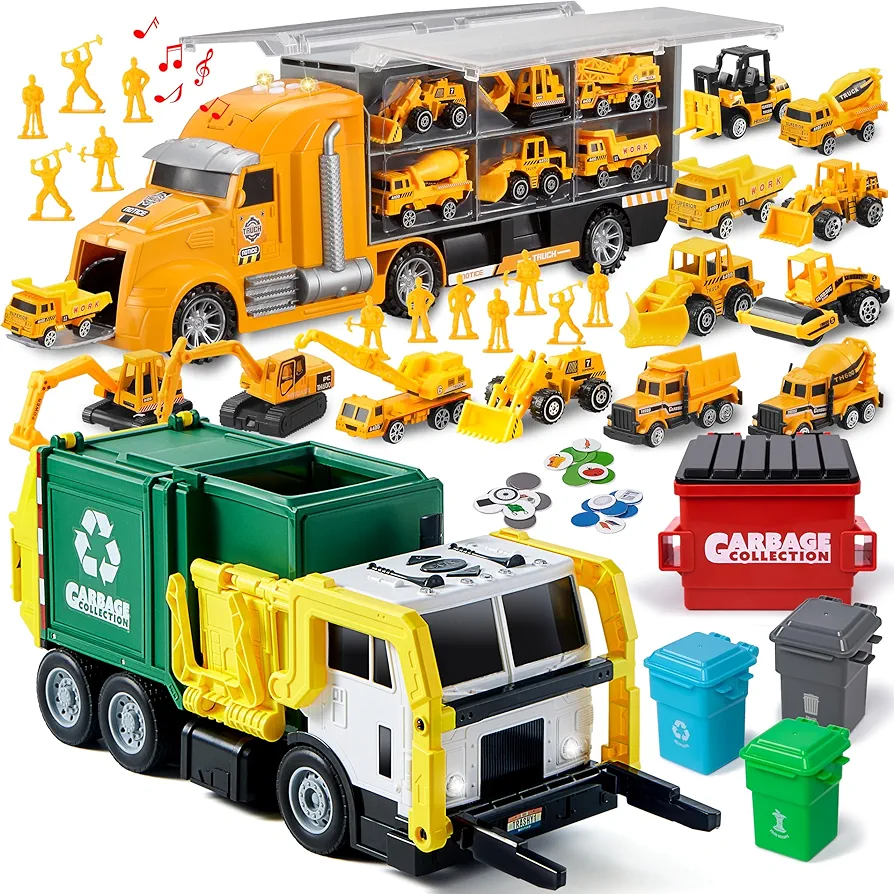 JOYIN 25pcs Die-cast Construction Play Vehicle Set with 16" Large Garbage Truck Toys for Boys, Carrier Truck with Sounds and Lights, Realistic Trash Truck Toy with Trash Can Lifter and Dumping Functio