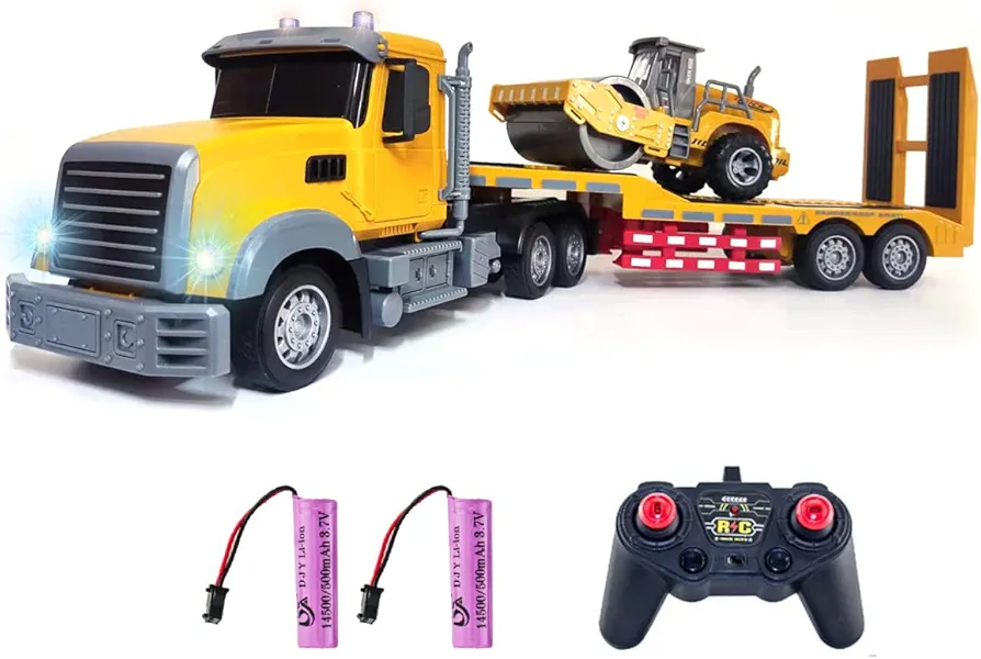 Remote Control Semi Truck Toy For Kids - 1:24 RC Semi-trailer Engineering Tractor With Sound And Lights, Trailer Truck Toy With Inertia Roller, Construction Vehicles For Boys & Girls 3-8 Years Old