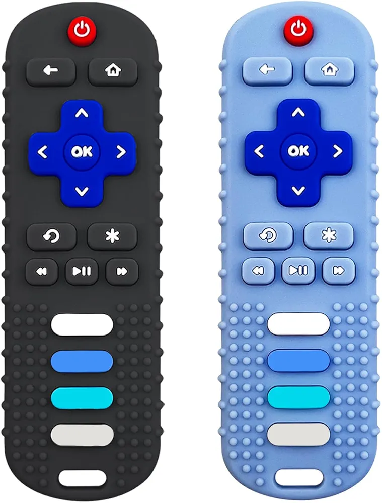 2-Pack Silicone Baby Teething Toys, TV Remote Teethers for 6-12-18 months Infant, Fire Remote Shape Toddlers Silicone Teethers for Boys and Girls Sensory Toy(Black+Blue)