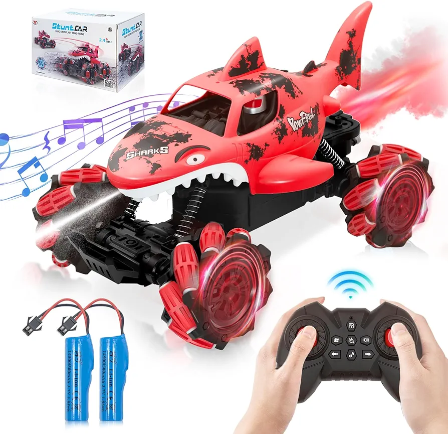 Ansee RC Cars for Kids, Shark Remote Control Car for Boys Girls, 2.4GHz 360 Flips Rotating All Terrains RC Truck with Water Shooting, Sound & Spray Remote Control Truck Toys (Red & Black)