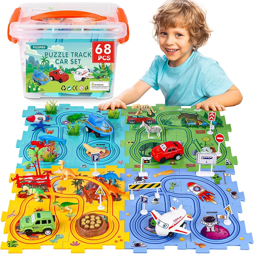 68PCS Puzzle Racer Kids Car Track Set 4 Series Toddler Car Track,Puzzle Track Car Play Set,Puzzle Track,Educational Puzzle Toys for Kids Ages 3+ Boys and Girls