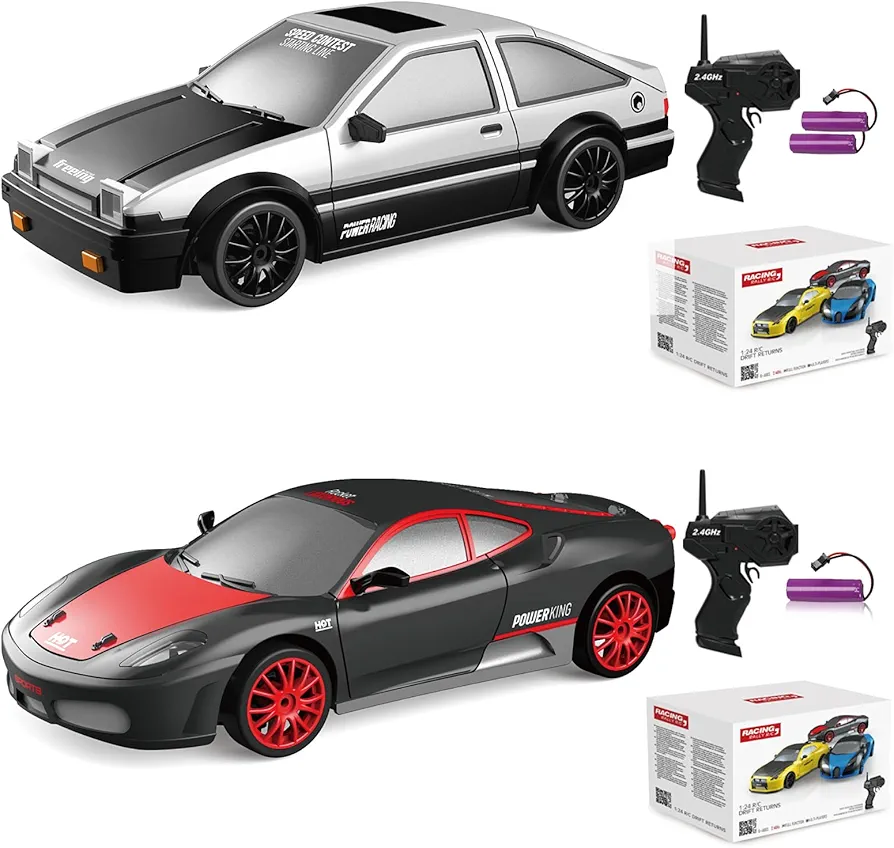 2PCS 1:24 Scale RC Drift Car 4WD 15KM/H High Speed Remote Control Car with LED Lights Drifting Tire Racing Sport Toy Rechargeable Batteries for Adults Boys Girls Kids Gift