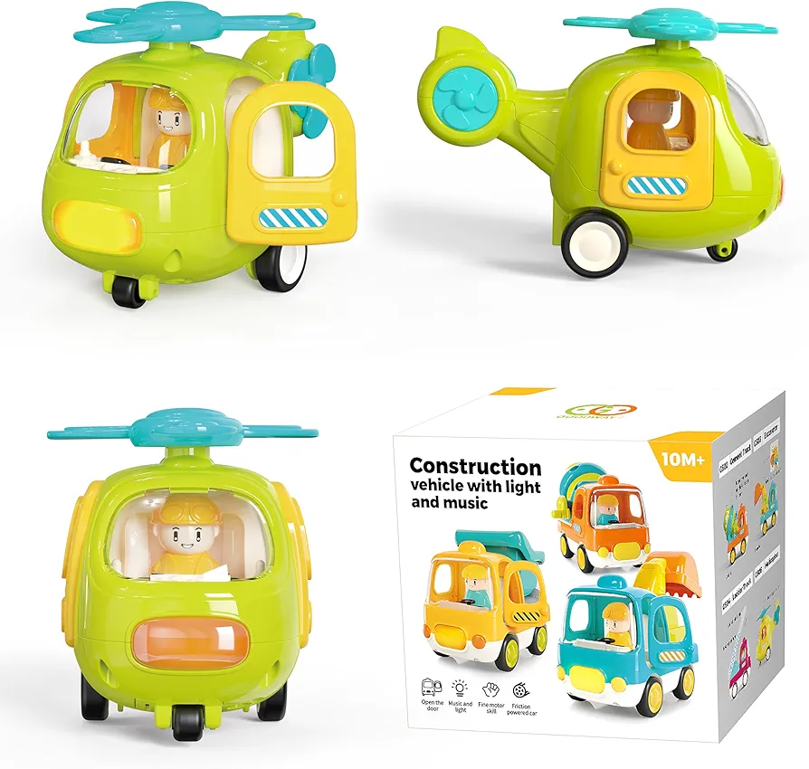 Friction Powered Push and Go Inertia Cars Small Helicopter Shape with Music Sound and Light Construction Vehicles Toys 1st Birthday Gifts for Kids Boys Baby Toddlers 0 Months+ 1-3 Year Old