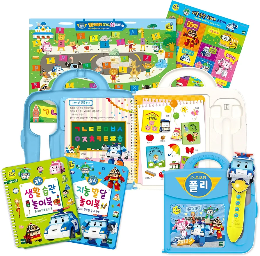 Korean Alphabet Learning Toys ages 1-3, Robocar Poli, Preschool Learning 1 2 3 4 5, Sing Along & Learn to Read Alphabet with Smart Pen & 2 Busy Books, Birthday Gift, 폴리펜 한글, Little Future Book