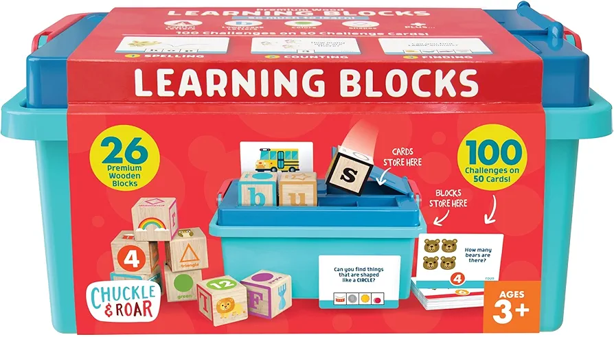 Chuckle & Roar - Learning Blocks: Alphabet Blocks & Learning Flashcards - Educational Learning Activity for preschoolers - Fun and Engaging for Toddlers - Storage Bin Included for Easy cleanup