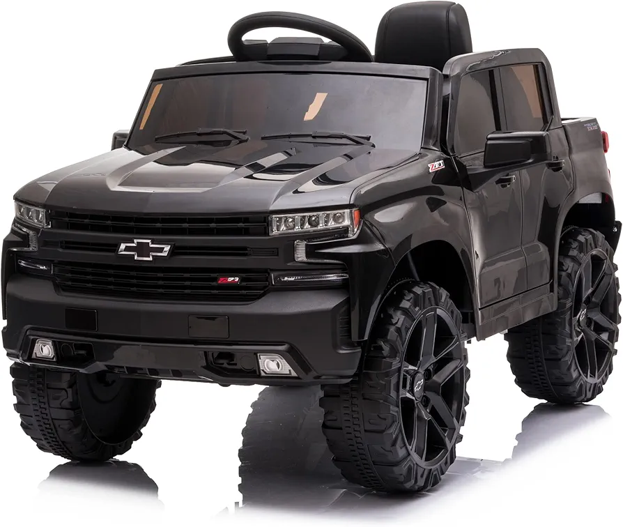 Kidzone 12V Battery Powered Licensed Chevrolet Silverado Trail Boss LT Kids Ride On Truck Car Electric Vehicle Jeep with Remote Control, MP3, LED Lights - Black