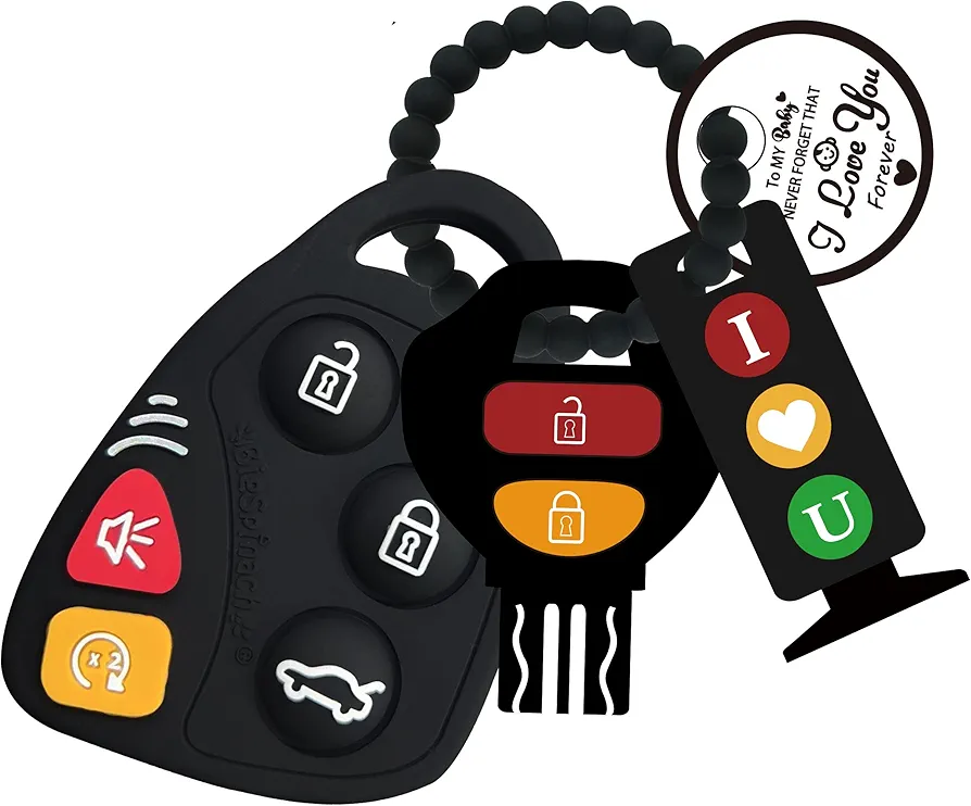 Car Keys Teething Toys Combo Set,Traffic Light Keys teether Toy,Teething Car Key Remote Control for Baby Teether Toys 6 to 12 Months（Black）