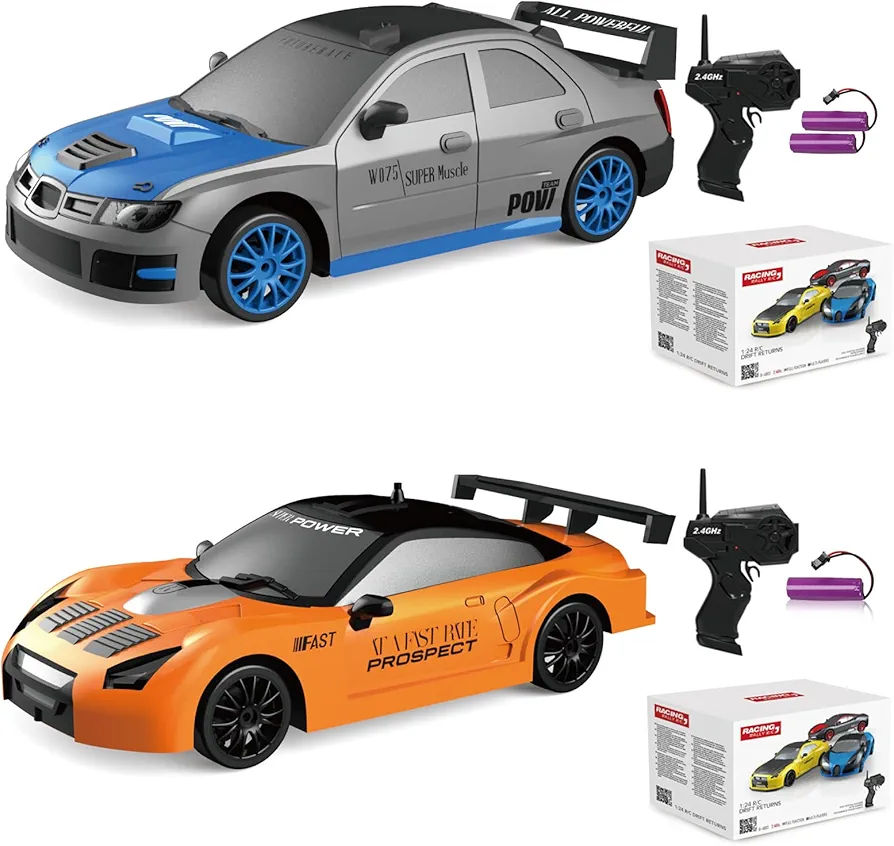 2PCS 1:24 Scale RC Drift Car 4WD 15KM/H High Speed Remote Control Car with LED Lights Drifting Tire Racing Sport Toy Rechargeable Batteries for Adults Boys Girls Kids Gift