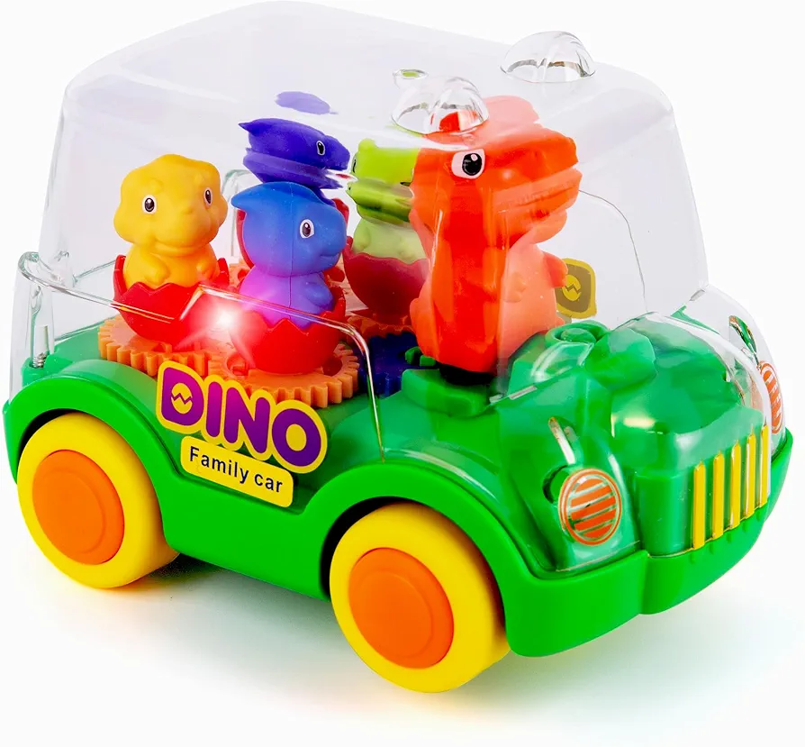 ArtCreativity Light Up Dinosaur Car - Bump and Go Toy Car with Moving Gears, Music, Flashing LED's, and Engine Sounds - Toy Car for Toddlers 3 and Up - Autism Sensory Gifts for Boys 5 6