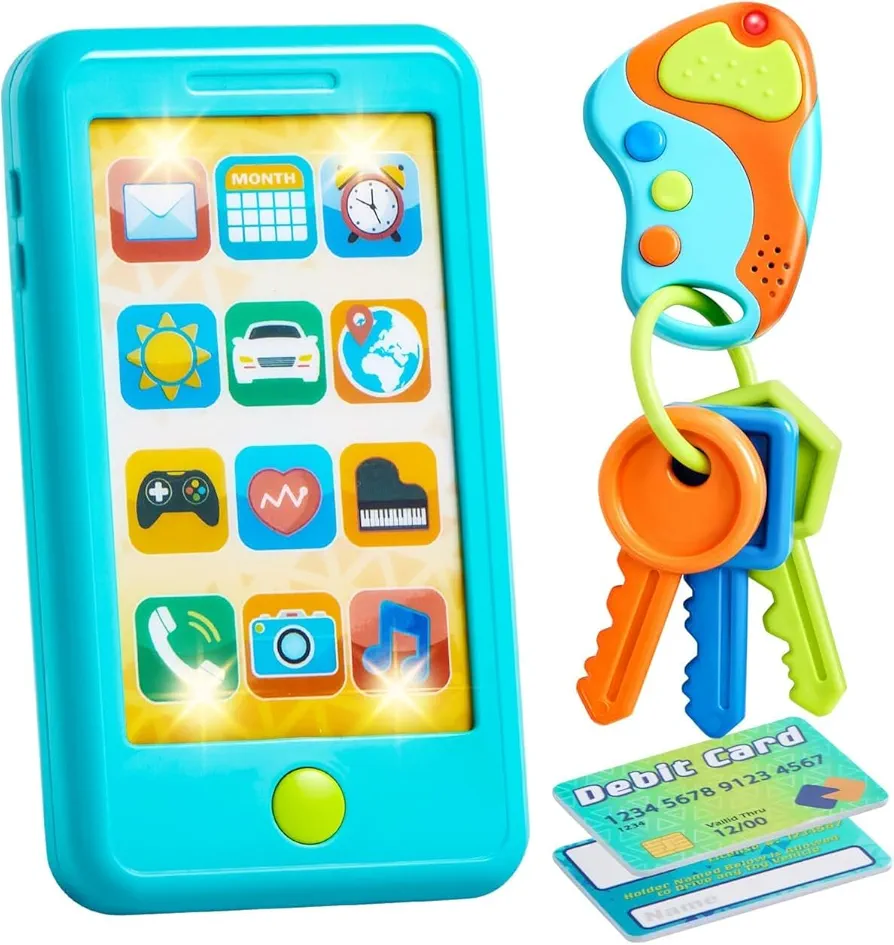 Pretend Toddler Play Phone, Learning Toy Phone Set,Keyfob Key Toy and Credit Cards Set, Kids Cellphone Toys, Girls Boys Birthday Gifts for 1 2 3 Year Old,Baby Blue, Kids presents Toys