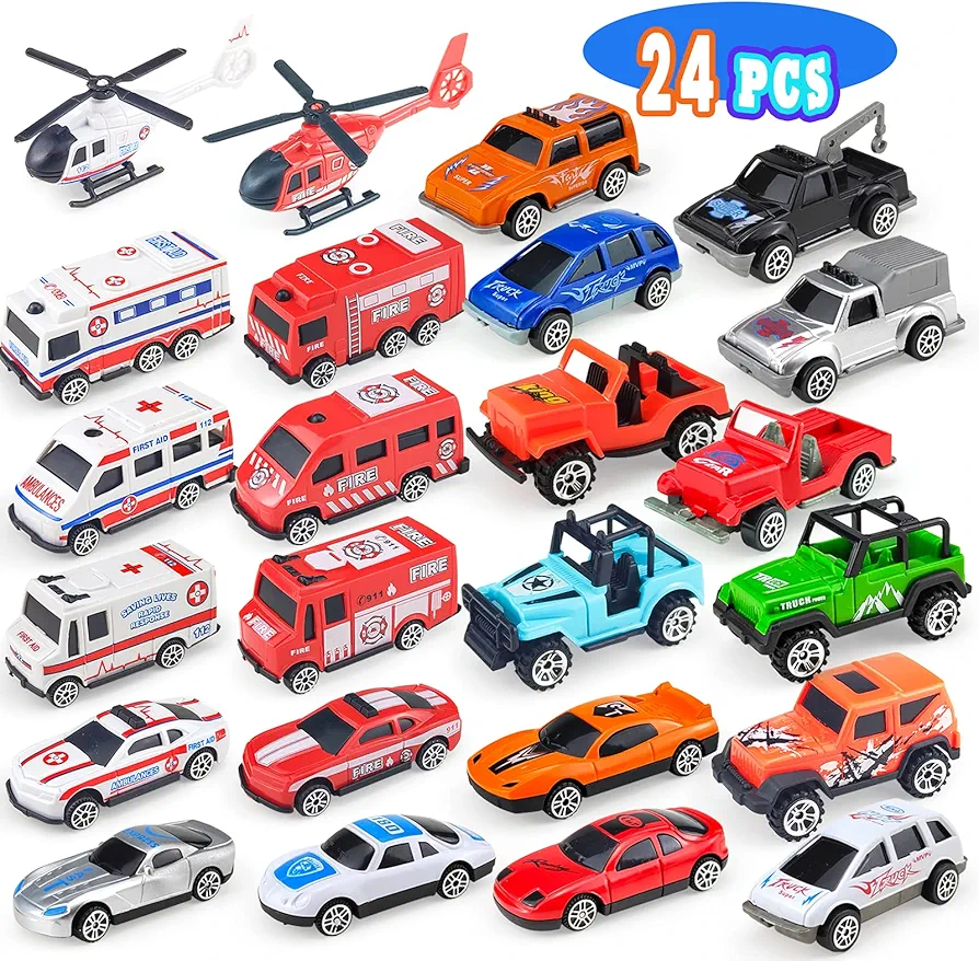 Push Cars | Mini Cars | 24 Pack Toy Cars for Toddlers 1-3 Year Old Boys Girls - Small Fire Trucks & Ambulance & Police Vehicles Play Cars Set for Kids 3-9 Gifts, Cake Toppers & Party Favors