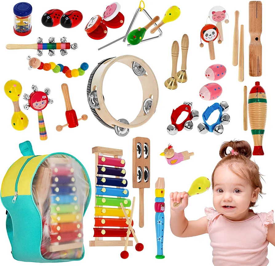 Music Instrument Set - Wooden Toy Musical Instruments 28 Piece Percussion Set with Backpack to Play and Learn