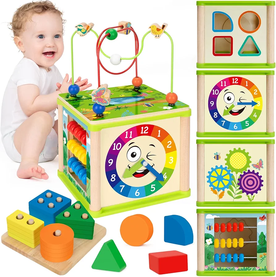 Montessori Toys for 1+ Year Old Boys & Girls, Wooden Activity Cube with Bonus Sorting & Stacking Board, Educational Learning for Toddlers Aged 1-2, Ideal 1st Birthday Gifts