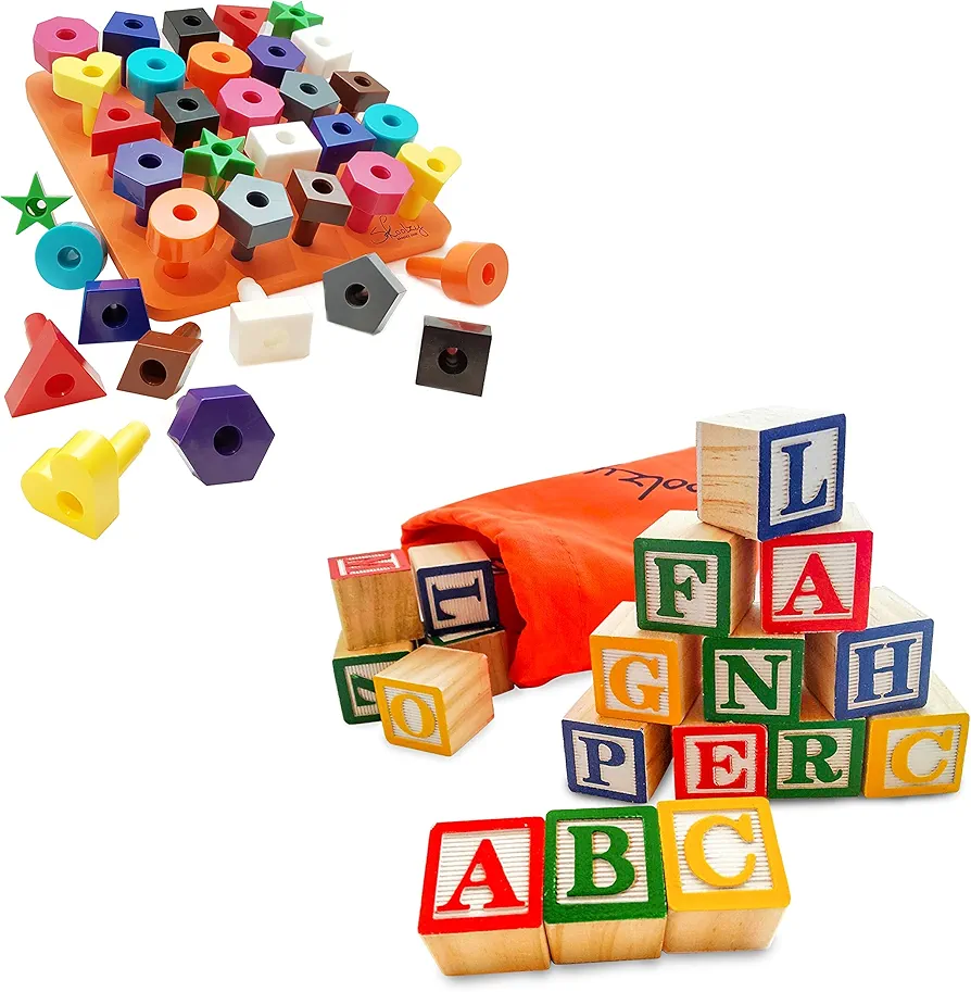 Skoolzy ABC Wooden Blocks for Toddlers - Peg Board Toddler Stacking Toys