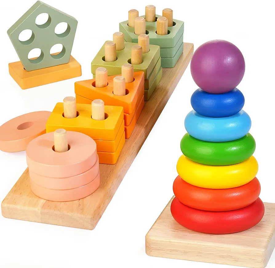 Bravmate Montessori Toys for 1 2 3 Year Old, Wooden Sorting Stacking Toys for Toddlers 1-3, Preschool Learning Educational Toys, Shape Sorter Color Ring Stacker Baby Toys Gifts for Boys Girls