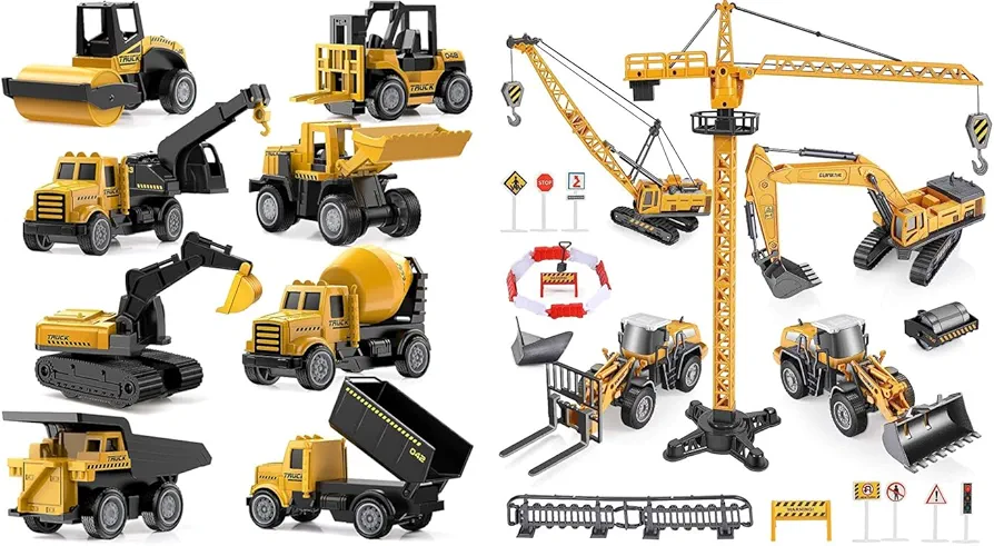 Geyiie Alloy Small Construction Cars Vehicles, Die Cast Mini Construction Truck Toys, Heavy Duty Bulldozers Excavator Cement Dump Forklift Toys Outdoor Gifts for Kids Toddler