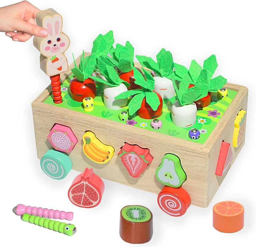 Montessori Wooden Educational Toys for 1 2 3 Year Old Baby Boys Girls, Wood Carrot Harvest Shape Sorting Toys 1st One First Birthday Gifts for Kids Toddlers, Preschool Learning Fine Motor Skills