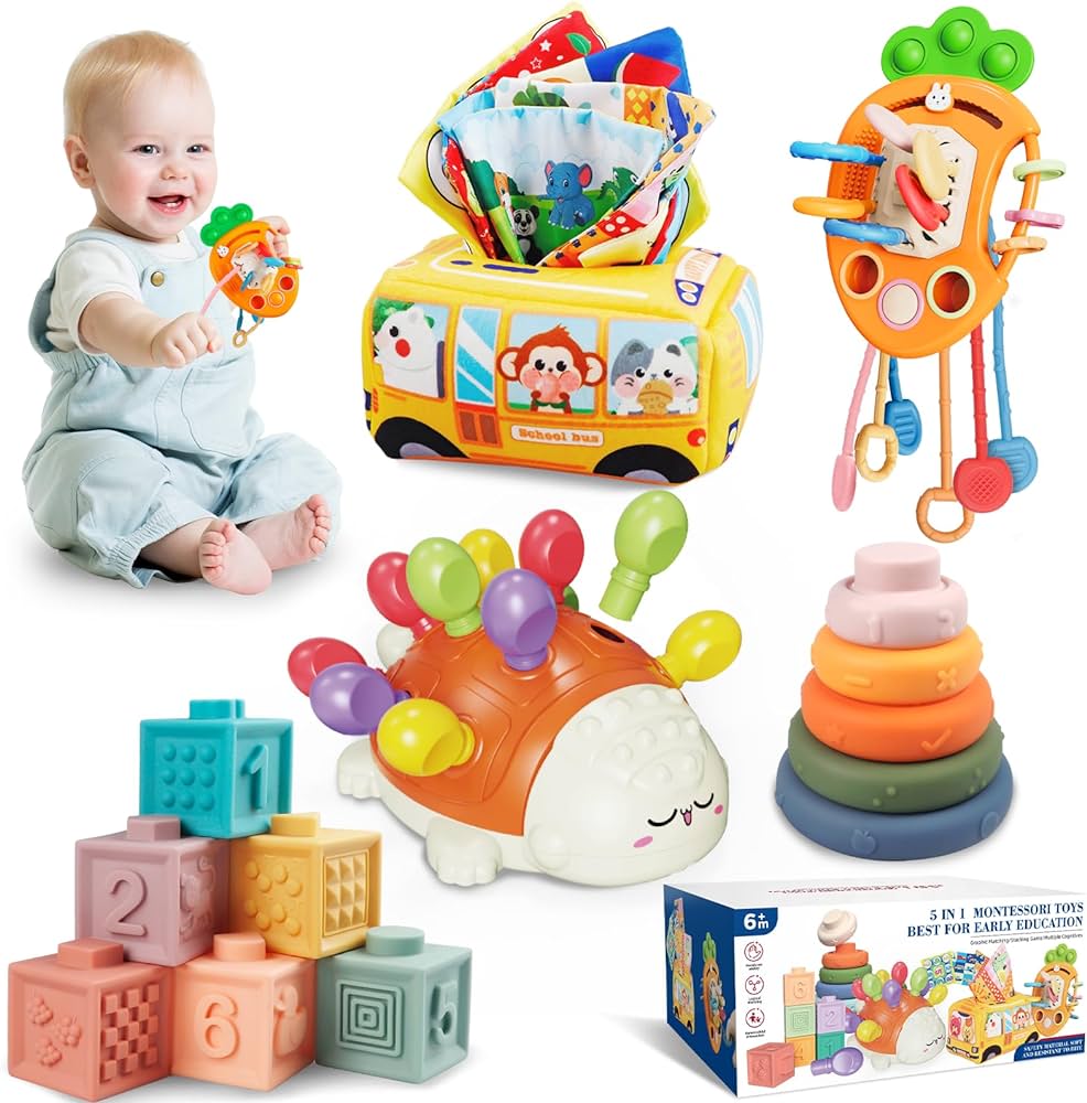 Montessori Toys for Babies 6 to 12 Months, Baby Toys Sensory Toys for Toddlers 1-3, Fine Motor Toys, Pull String Toy, Stacking Blocks Rings, Baby Tissue Box Toy 5 in 1 Infants Learning Toys