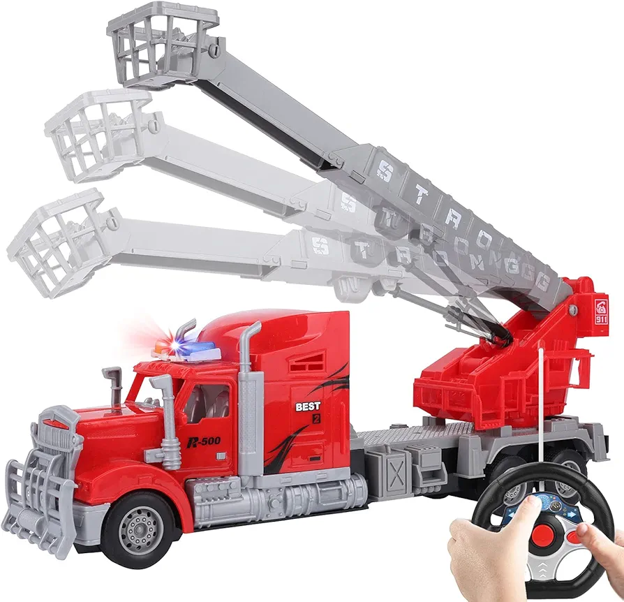 Remote Control Fire Truck for Boys, RC Toy Fire Truck with Lights and Sounds, RC Firetruck with Extendable Ladder, Big Fire Truck for Girls Boys Kids