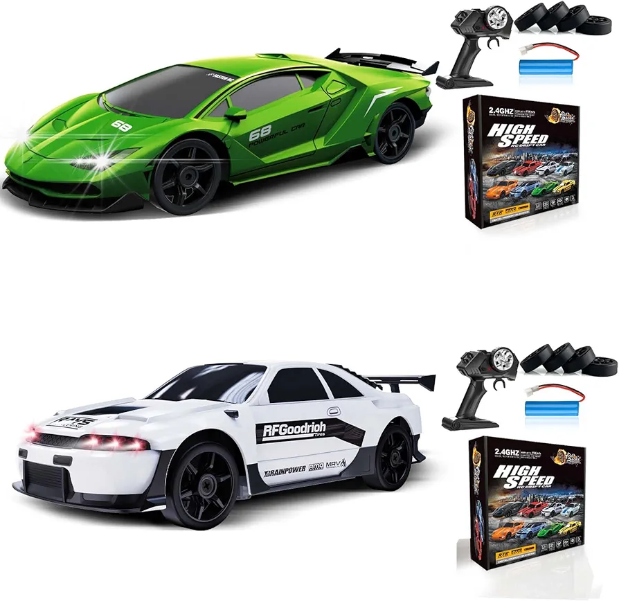 2PCS RC Drift Car 1:24 Remote Control Car 4WD 15KM/H High Speed Racing Sport Car with LED Lights RC Cars Toy Cars for Kids Boys Girls Adults Gifts Birthday Christmas Rechargeable Batteries