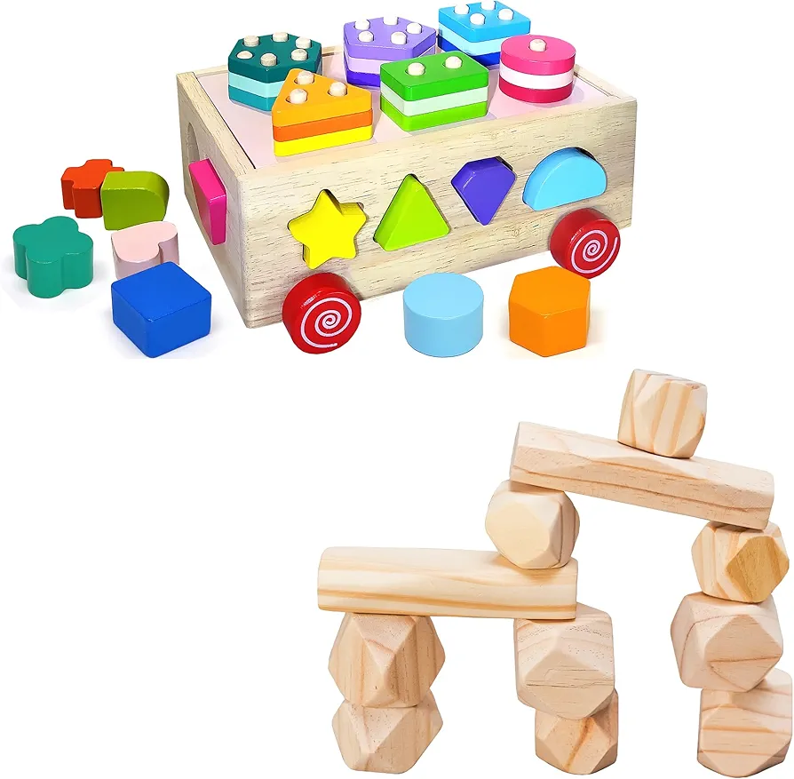 Panda Brothers Set of 2 Toys: Wooden Sorting Car & Balancing Stones. Montessori Toys for Kids, Wooden Toys, Sensory Toys for 3 4 5 Year Old, Busy Board, Preschool Classroom STEM Toy for boy