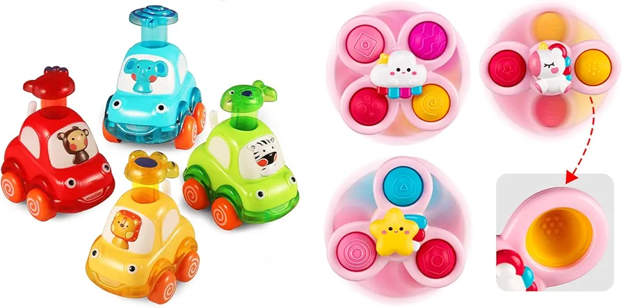 ALASOU 4 PCS Animal Car Toys and 3 PCS Suction Cup Spinner Toys for Infant and Toddlers