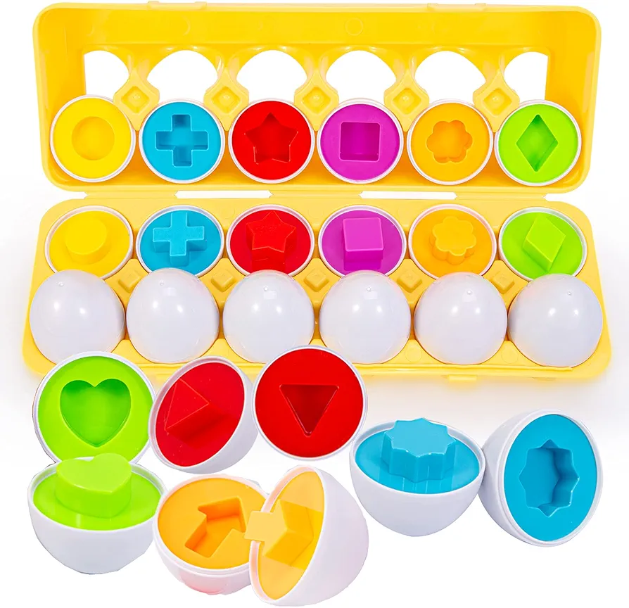 ThinkMax Matching Eggs Toys for Toddlers 1 2 3 year olds,12 Pack Easter Eggs Baby Color Shape Recognition Sorting & Stacking Learning Toys, Montessori Toys for Preschool Pre-Kindergarten Boys Girls