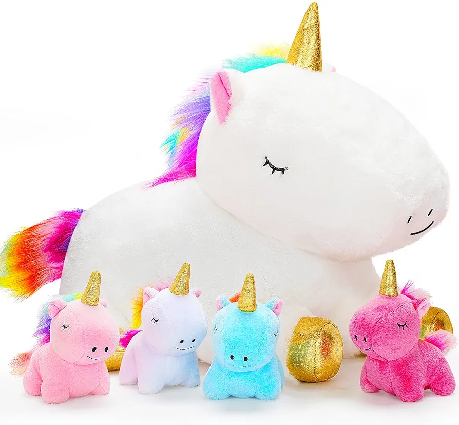 KMUYSL Toys for Girls Ages 3 4 5 6 7 8+ Years - Unicorn Mommy Stuffed Animal with 4 Baby Unicorns in Her Tummy, Soft Unicorn Plush Toys Set, Christmas Birthday Gifts for Baby, Toddler, Kids