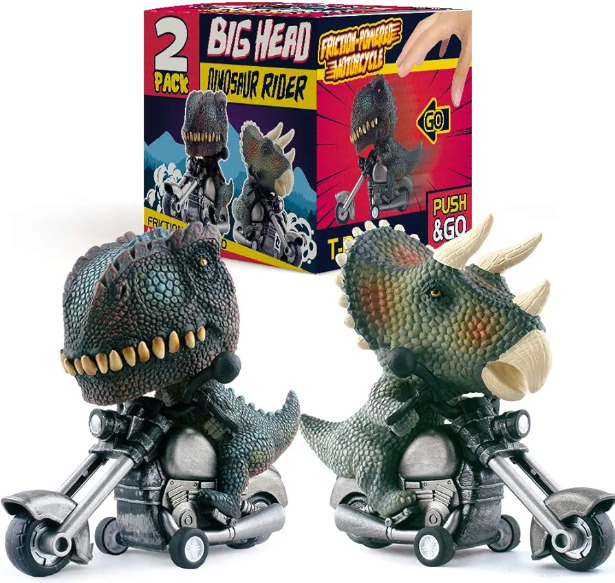 DINOBROS Dinosaur Toy Cars 2 Pack Friction Powered Motorcycle Game T-Rex and Triceratops Monster Dino Toys for Boys Age 3,4,5,6,7