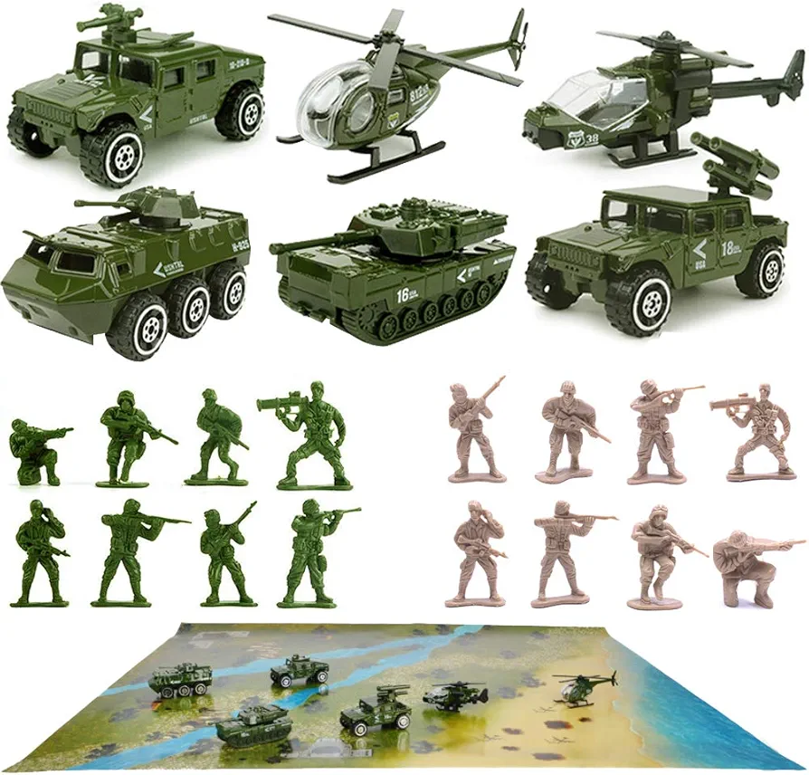 23 Pack Die-cast Military Vehicles Sets,6 Pack Assorted Alloy Metal Army Models Car Toys,16 Pack Soldier Army Men,1 Playmat,Mini Army Toy Tank,Panzer,Anti-Air Vehicle,Helicopter Playset for Kids Boys