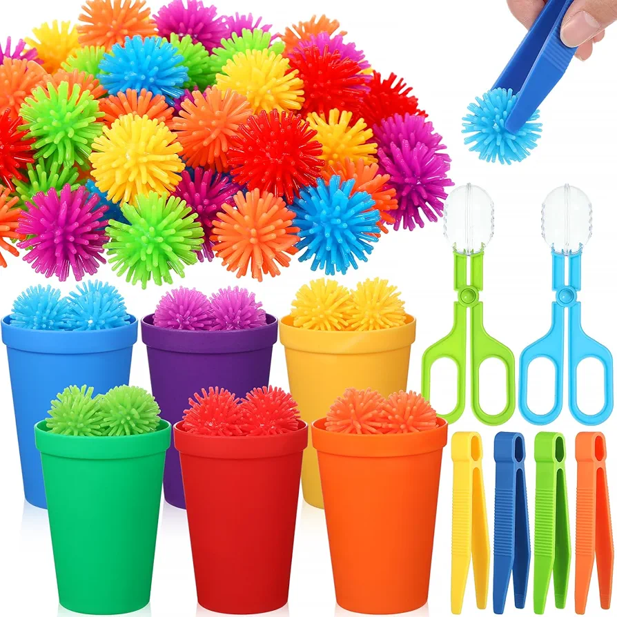 Shappy 84 Pcs Fine Motor Toys Counting Sorting Sensory Bin Filler Toy Set, Include 72 Hedge Ball 4 Tweezer 2 Scissor Clip 6 Sorting Cup for Preschool Boys Girls Early Education Training Development