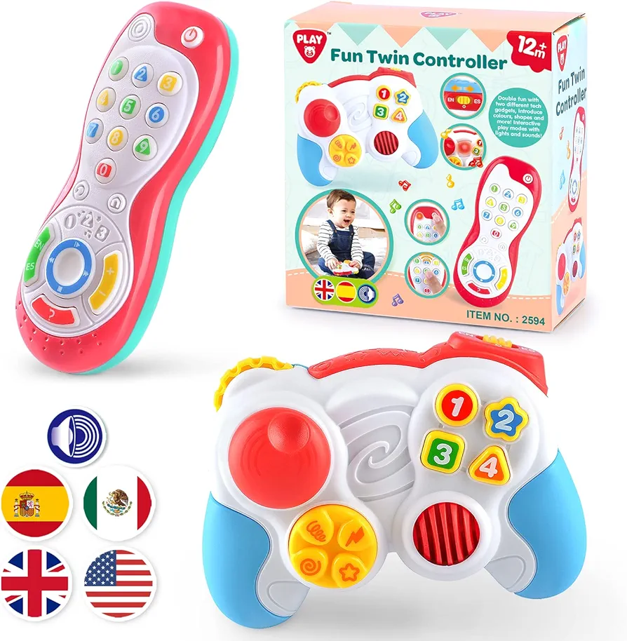 PLAY Baby Controller Toy - Bilingual Spanish & English Learning Toys, Pretend Video Game Controller & TV Remote Combo with Music and Light, Christmas Birthday Gift for Infants Toddlers 12+ Months