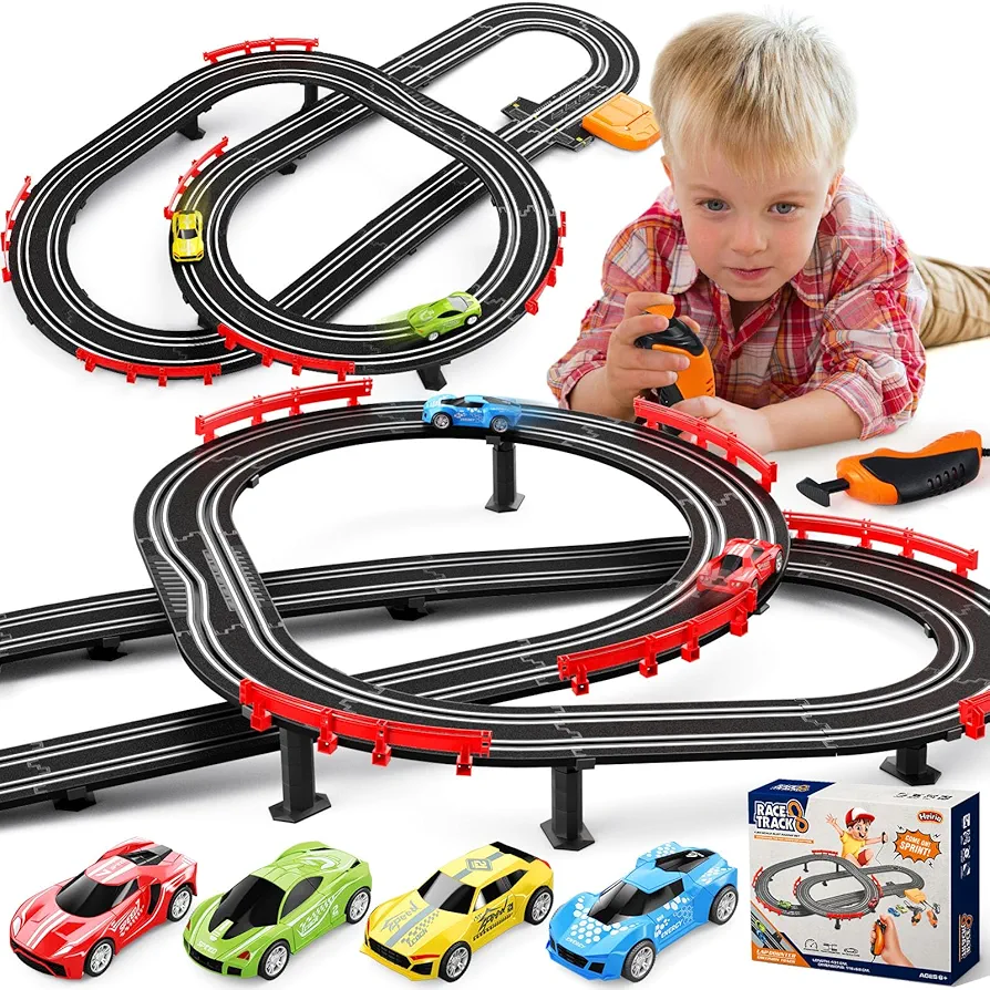 Slot Car Race Track Sets with 4 High-Speed Race Cars, Electric or Battery-Powered Kids Toys, Dual Racing Car Track Featuring Circular Overpasses, Birthday Gifts Toys for Boys Girls Age 6 7 8-12 Kids