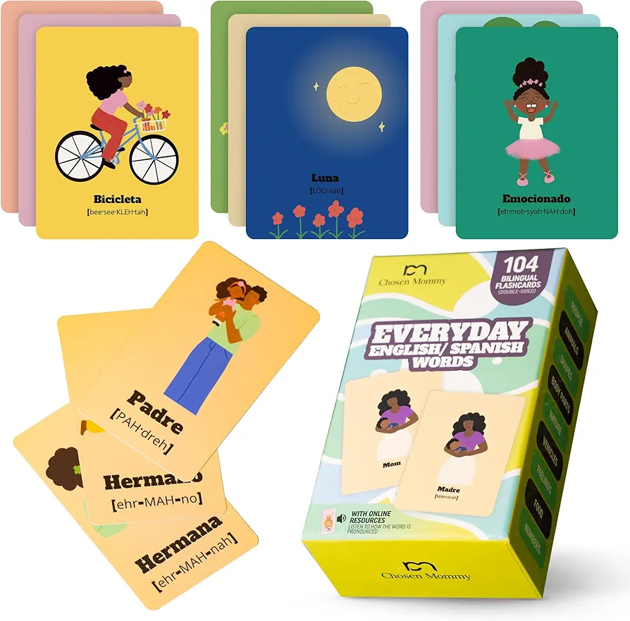 Everyday Spanish flash cards - 104 Bilingual English Spanish Flash Cards for Children- Engaging & Diverse Spanish Flashcard representing Black Children - Multicultural Spanish Learning Cards