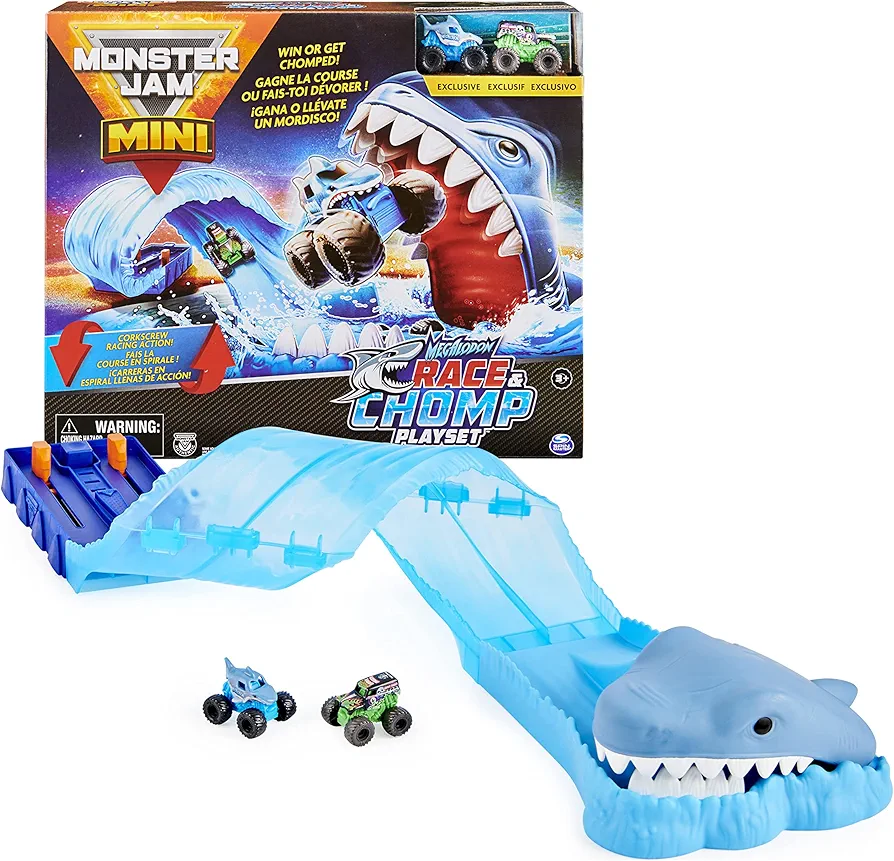 Monster Jam, Mini Megalodon Race and Chomp Playset with 2 Monster Jam Mini Trucks, 1:87 Scale, Kids Toys for Boys and Girls Ages 4-6+