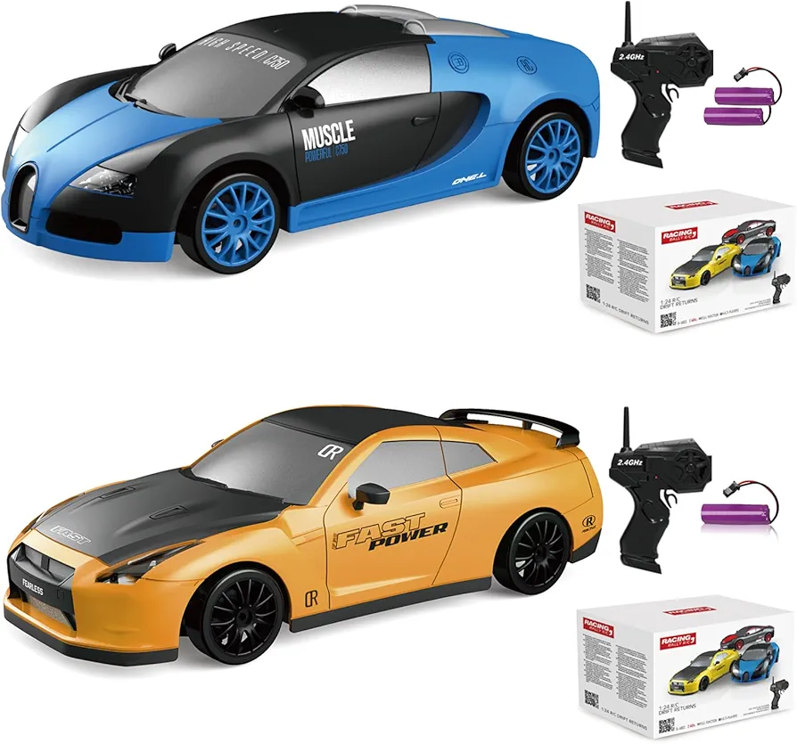 2PCS 1:24 Scale RC Drift Car 4WD 15KM/H High Speed Remote Control Car with LED Lights Drifting Tire Racing Sport Toy Rechargeable Batteries for Adults Boys Girls Kids Gift