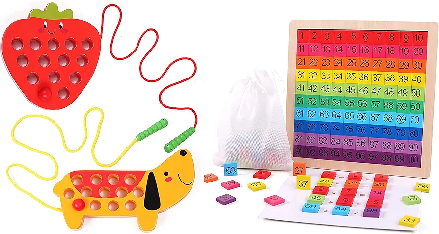 Wooden Lacing Threading Toys and Wooden Math Counting Hundred Board Toys