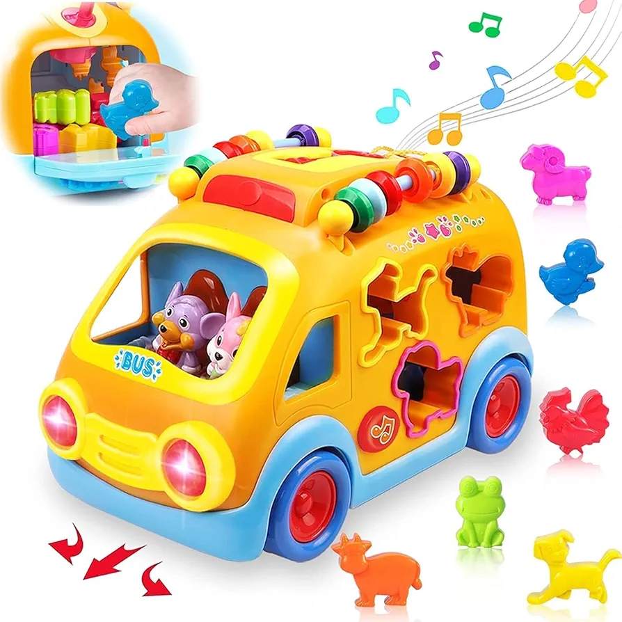 Crawling Toys for 1 Year Old Boys Gifts Baby Toys 6 to 12-18 Months Musical Learning Car Toys for Toddlers 1-3 Educational Infant Bus with Animal Sounds/Blocks Birthday Christmas for Girls