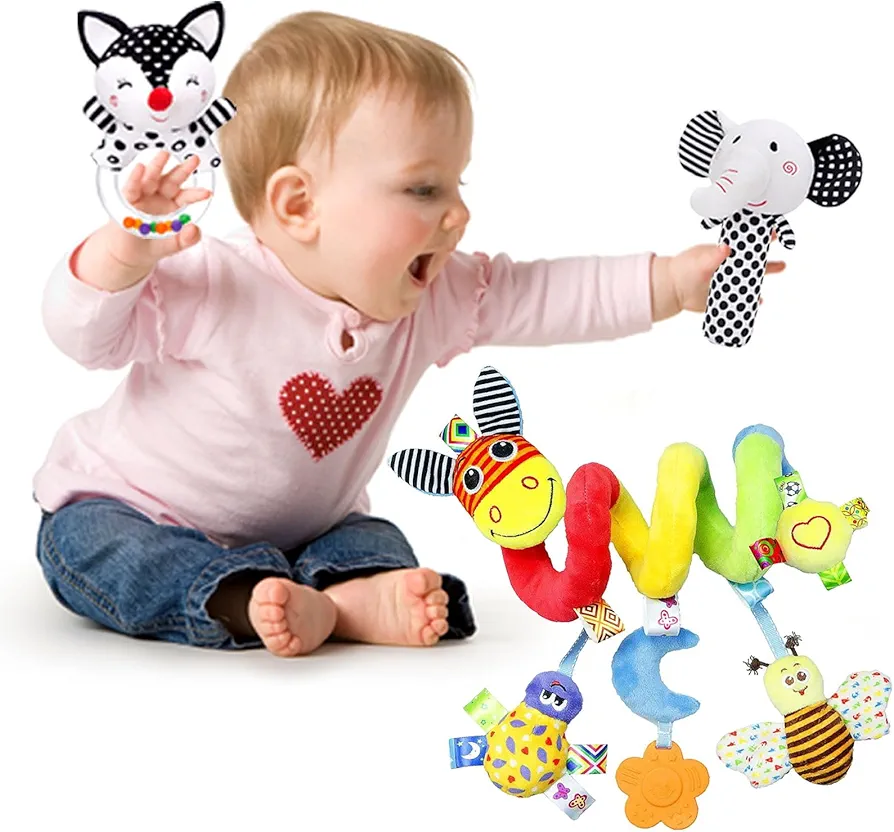 Car Seat Toys, Infant Baby Little Donkey Spiral Activity Hanging Toys for Car Seat Stroller Crib Bassinet Mobile with Teether BB Squeaker and Rattles