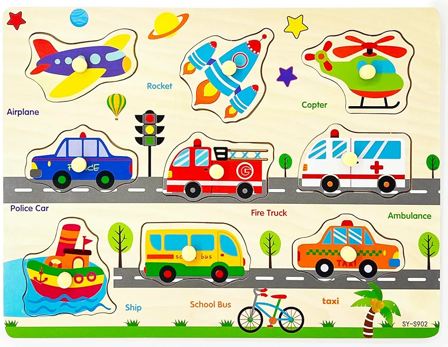 Wooden Puzzles Vehicles & Traffic Tools Chunky Baby Puzzles Peg Board for Preschool Educational Jigsaw Puzzles, 9 Pieces