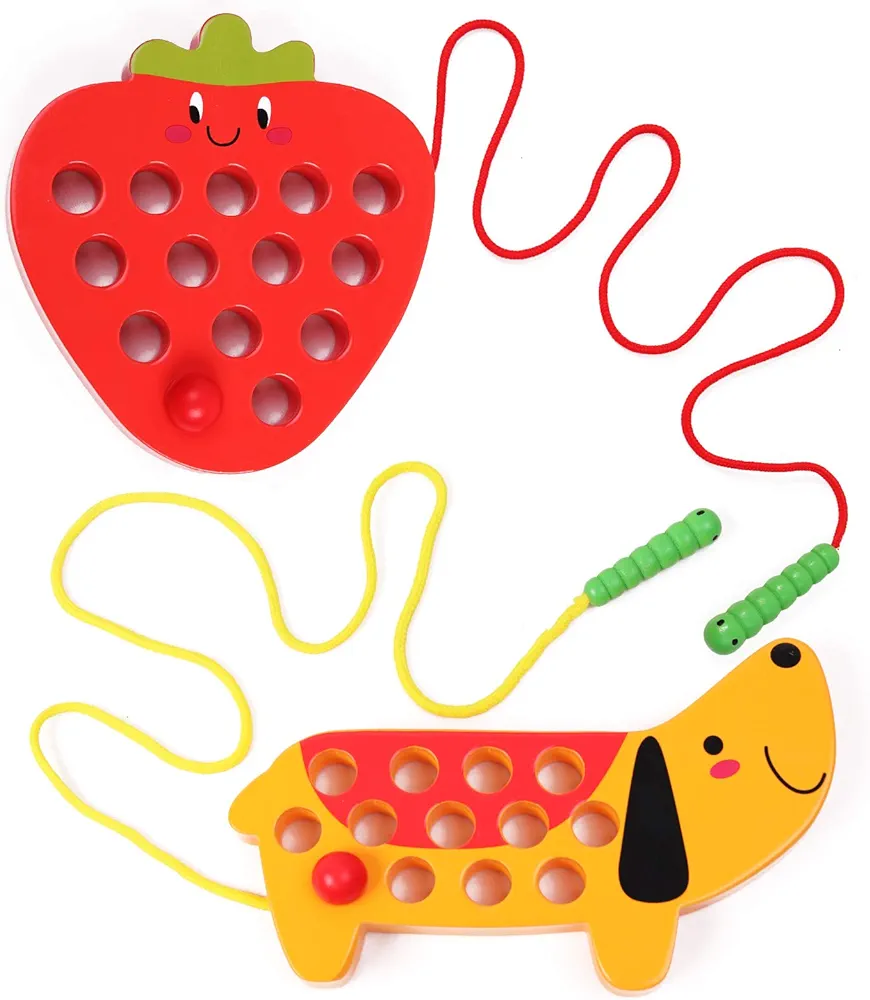 Wooden Lacing Threading Toys Fine Motor Skill Toys for 3 Year Old Educational and Learning Montessori Toddler Travel Toy 1 Strawberry and 1 Dog