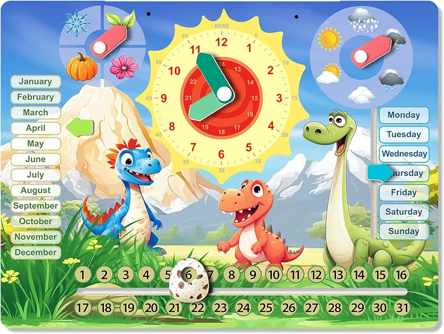 6 in 1Dinosaur Shaped Montessori Wooden Calendar Clock, Early Learning Educational Games Teaching Clock for Learning The Time, Date, Days of The Week, Months, Seasons and Weather for Kids 2+