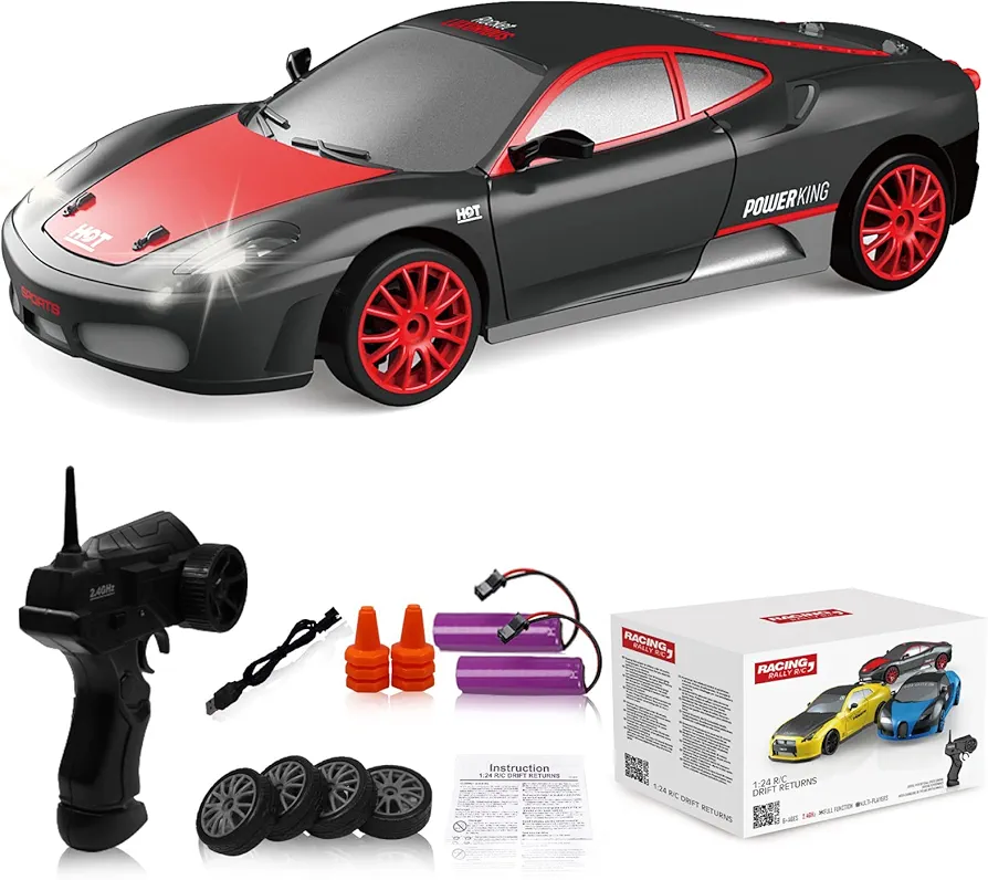 Remote Control Car RC Drift Car 2.4GHz 1:24 Scale 4WD 15KM/H High Speed Model Vehicle with LED Lights Drifting Tire Racing Sport Toy Car for Adults Boys Girls Kids Gift 2Pcs Rechargeable Batteries