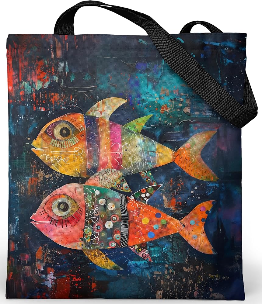 Aesthetic Tote Bag - Women's Shoulder Bag with Zip - Large Women's Bag 37x42 cm - Tote Bag Waterproof Oxford Fabric - Bags for College Girls - Large Women's Bag, Abstract Fish