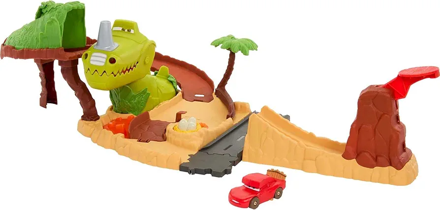 Mattel Disney and Pixar Cars On The Road Toys, Dinosaur Playground Playset with Lightning McQueen Toy Car, Dinosaur & Launcher