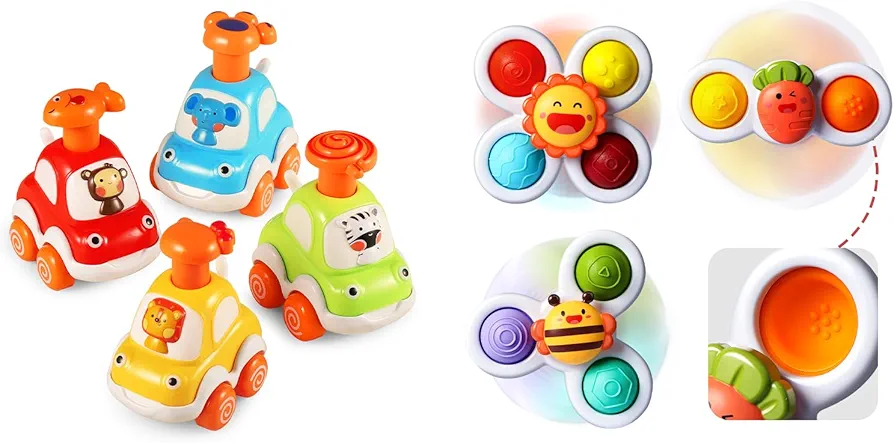 ALASOU 4 PCS animal car toys and 3 PCS Suction Cup Spinner Toys for infant and toddlers