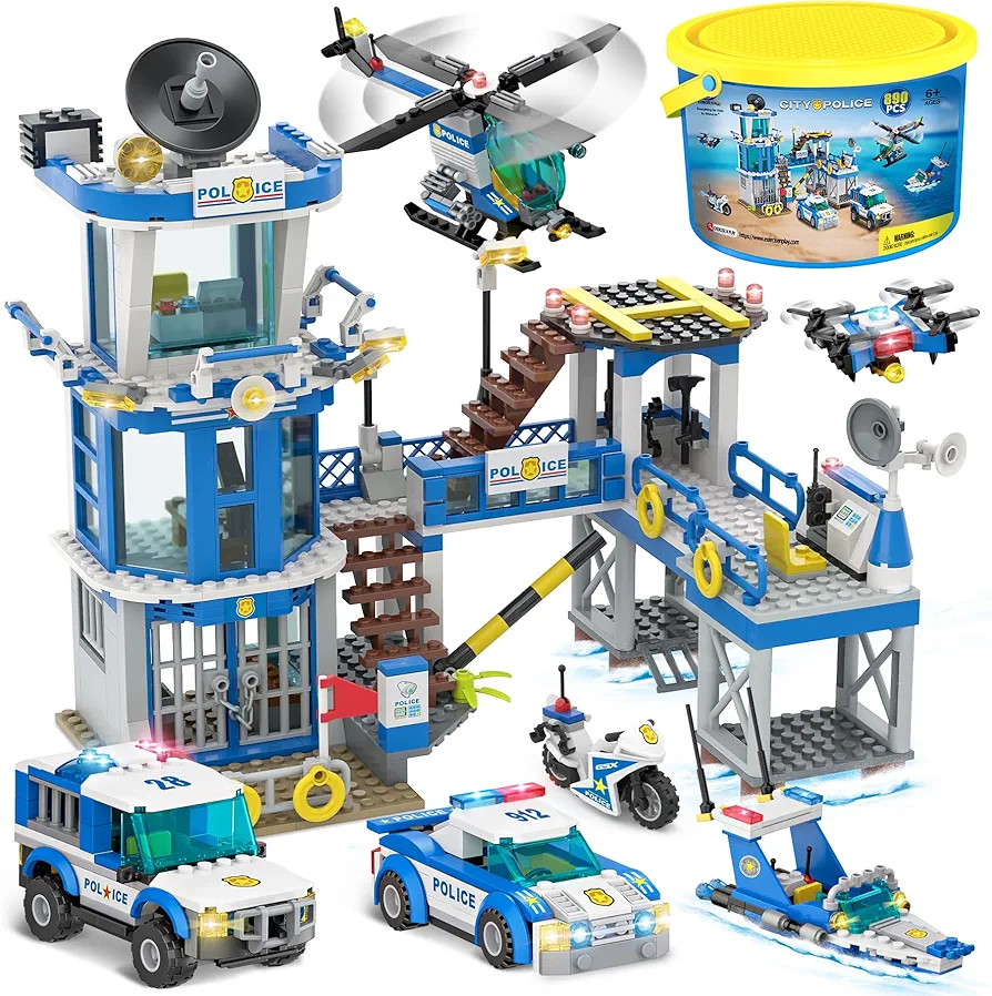 EP EXERCISE N PLAY City Police Prison Station Building Set with Police Patrol Car, Cop Truck, Drone, Motorcycle, Helicopter, Patrol Ship Building Blocks Toy Kit Gift for Boys 6-12 Kids