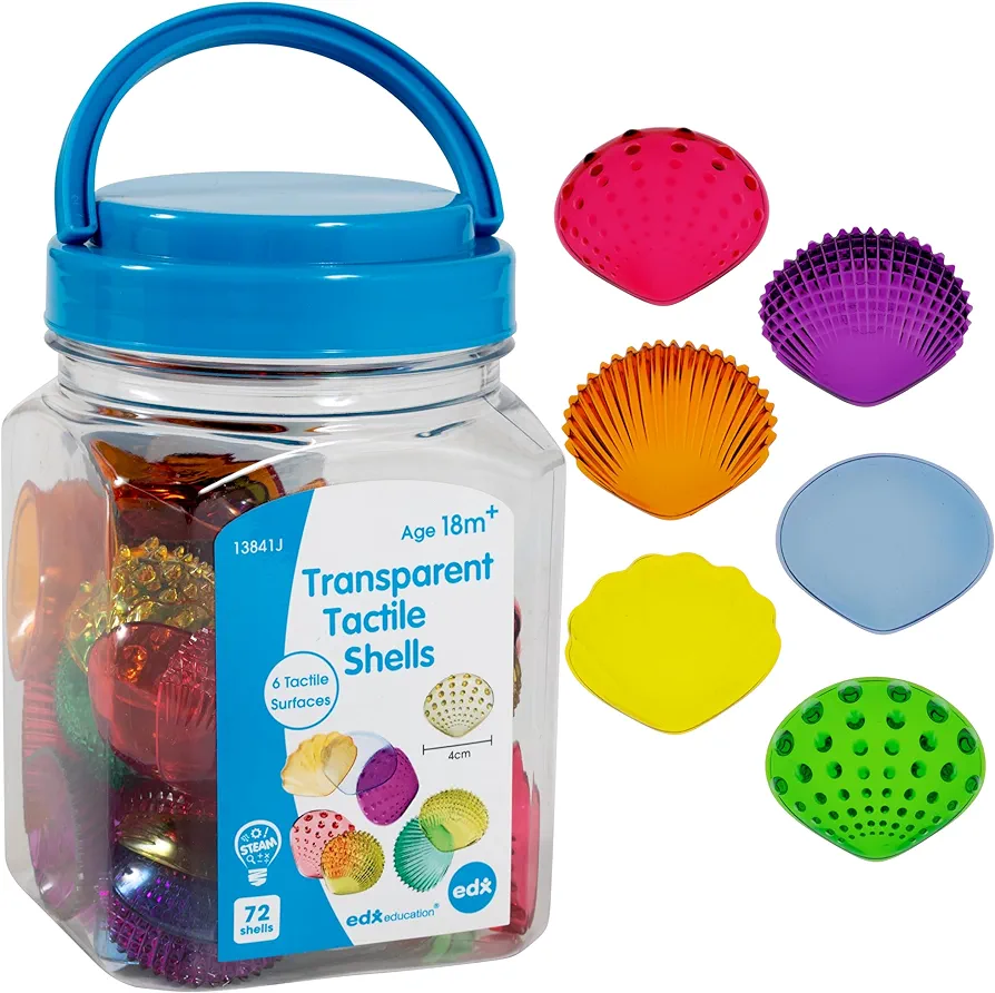 edxeducation-13841 Tactile Shells - Set of 72 - Translucent - 6 Textures and Colors - Ages 18m+ - Explore STEM concepts via Light Panels and Sensory Bins