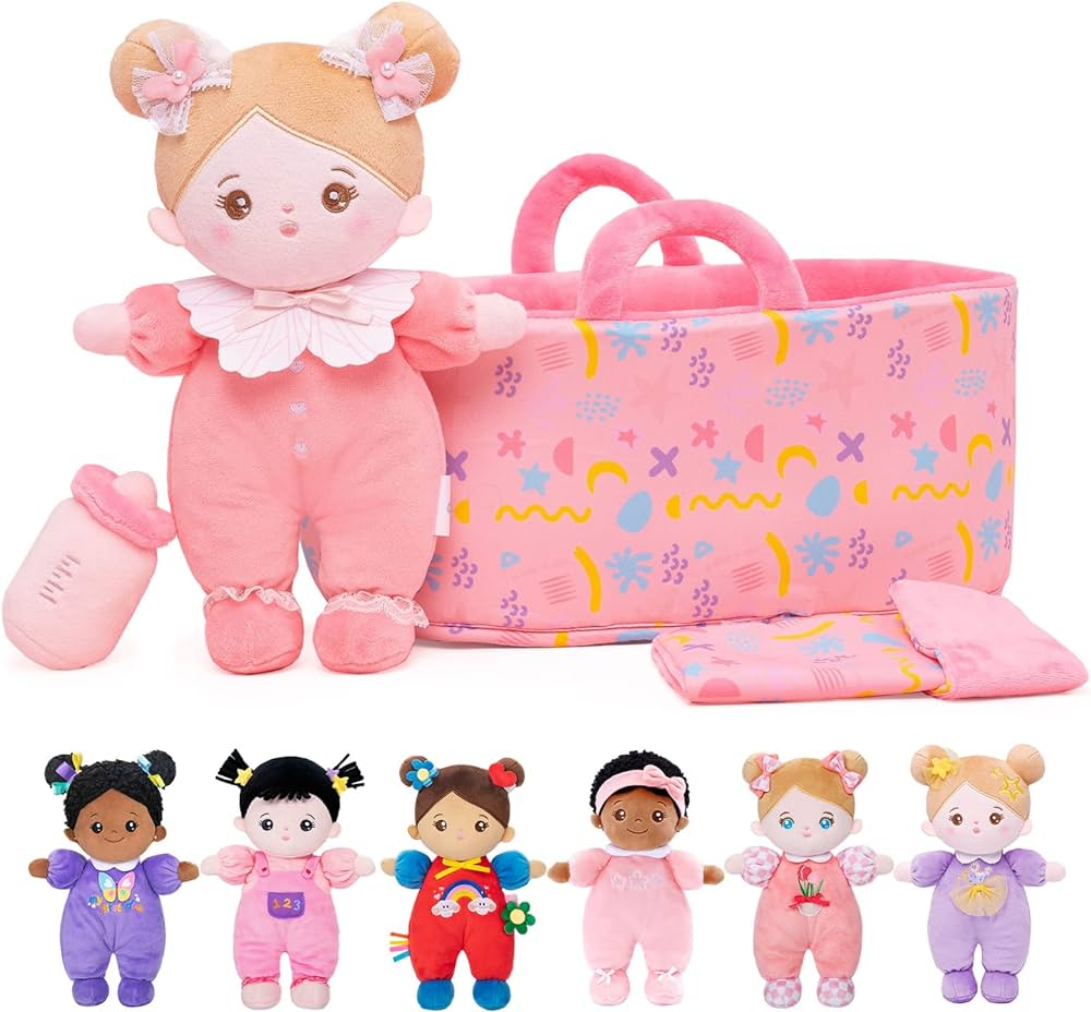 OUOZZZ Soft Baby Doll Set for Girls - My First Baby Doll Birthday Gifts for Girls Plush Rag Dolls Pink Bow Dress Toy for Toddlers Kids Infants